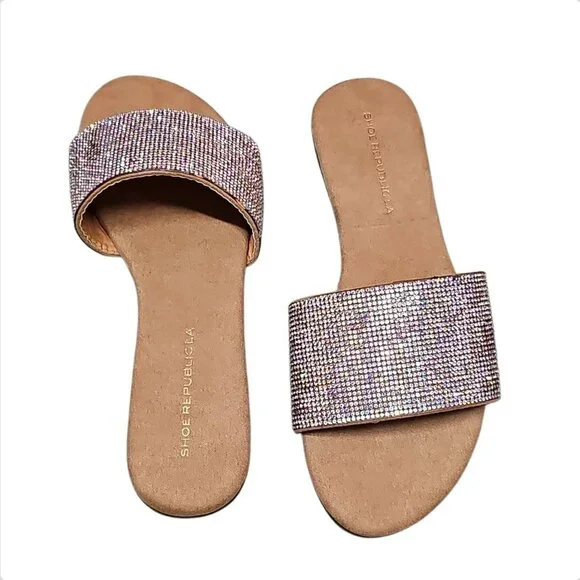 Rhinestone Embellished Slide Sandals Womens Sparkling Flat Slip-On Shoes - Picture 3 of 7